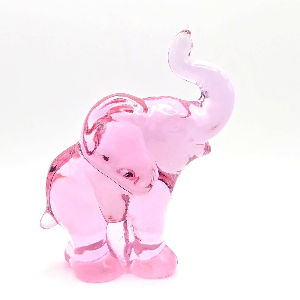 Lenox Fenton Pink Glass Small Elephant Figurine Raised Trunk Signed 4.75"